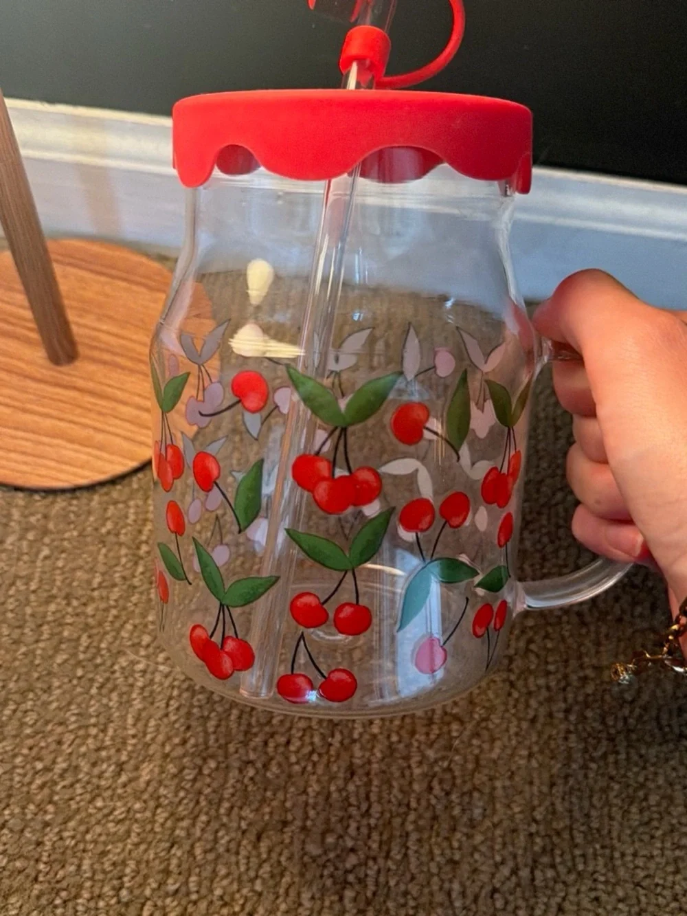 Cherry-Print Glass Pitcher with Red Silicone Lid and Straw